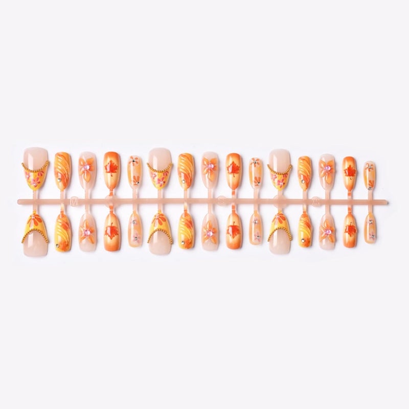 SEENEEY Fall Medium Press on Nails Almond Fake Nails Red Maple Leaves Designs Artificial Nail Orange Flowers Stick on Nail for Women 30pcs - Image 2